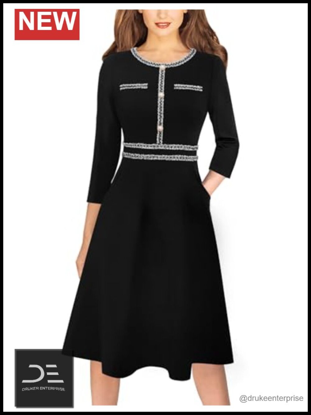 Womens A-Line Work Office Business Casual Dress Button Pockets 3/4 Sleeve Knee